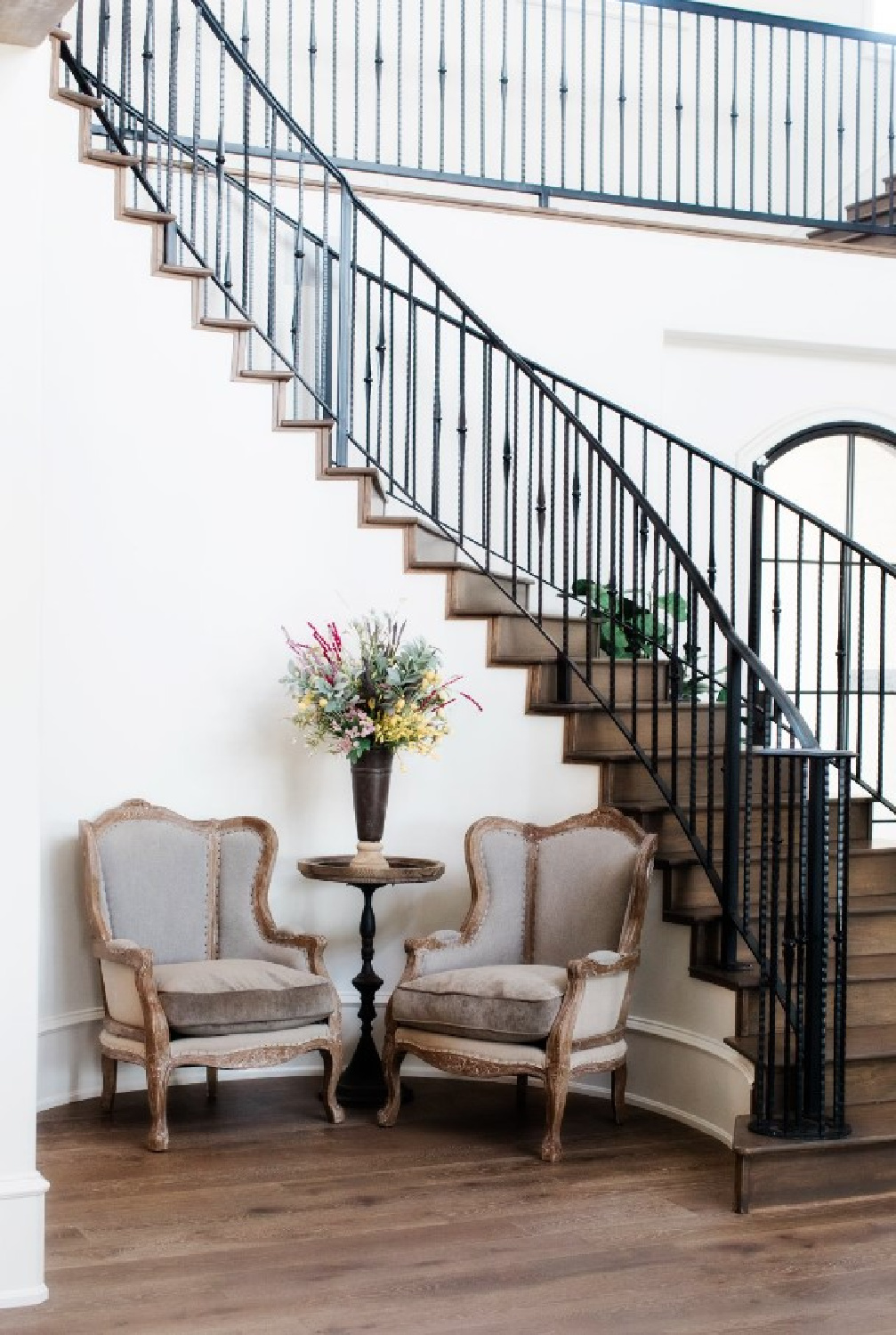Country French staircase in a beautiful Texas home with SW Alabaster on walls - Brit Jones Design. #swalabaster