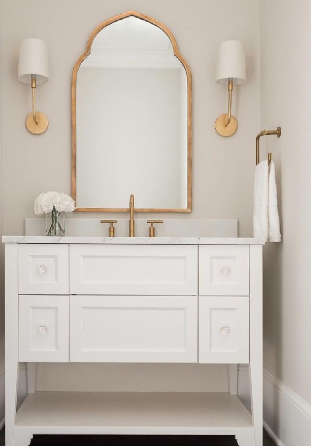 SW Eider White on bathroom walls (vanity is Pure White) - @mccormickcustom. #eiderwhite #sweiderwhite