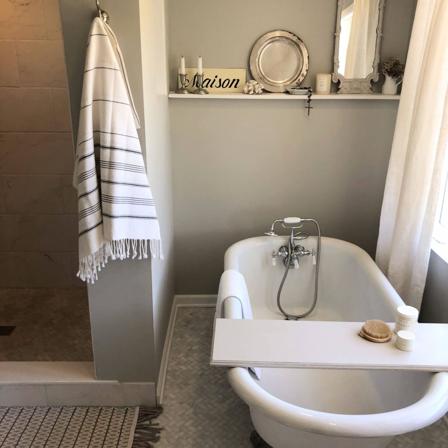 Clawfoot tub in our classic renovated bath at the Georgian - Hello Lovely Studio. #sherwinwilliamsreposegray