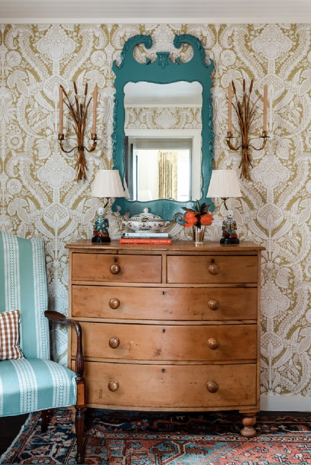 Beautiful Southern cottage decorated by James Farmer with pine dresser and turquoise accents with a fanciful wallpaper - photo: Jeff Herr. #jamesfarmer #vintagestyle #traditionalhomes