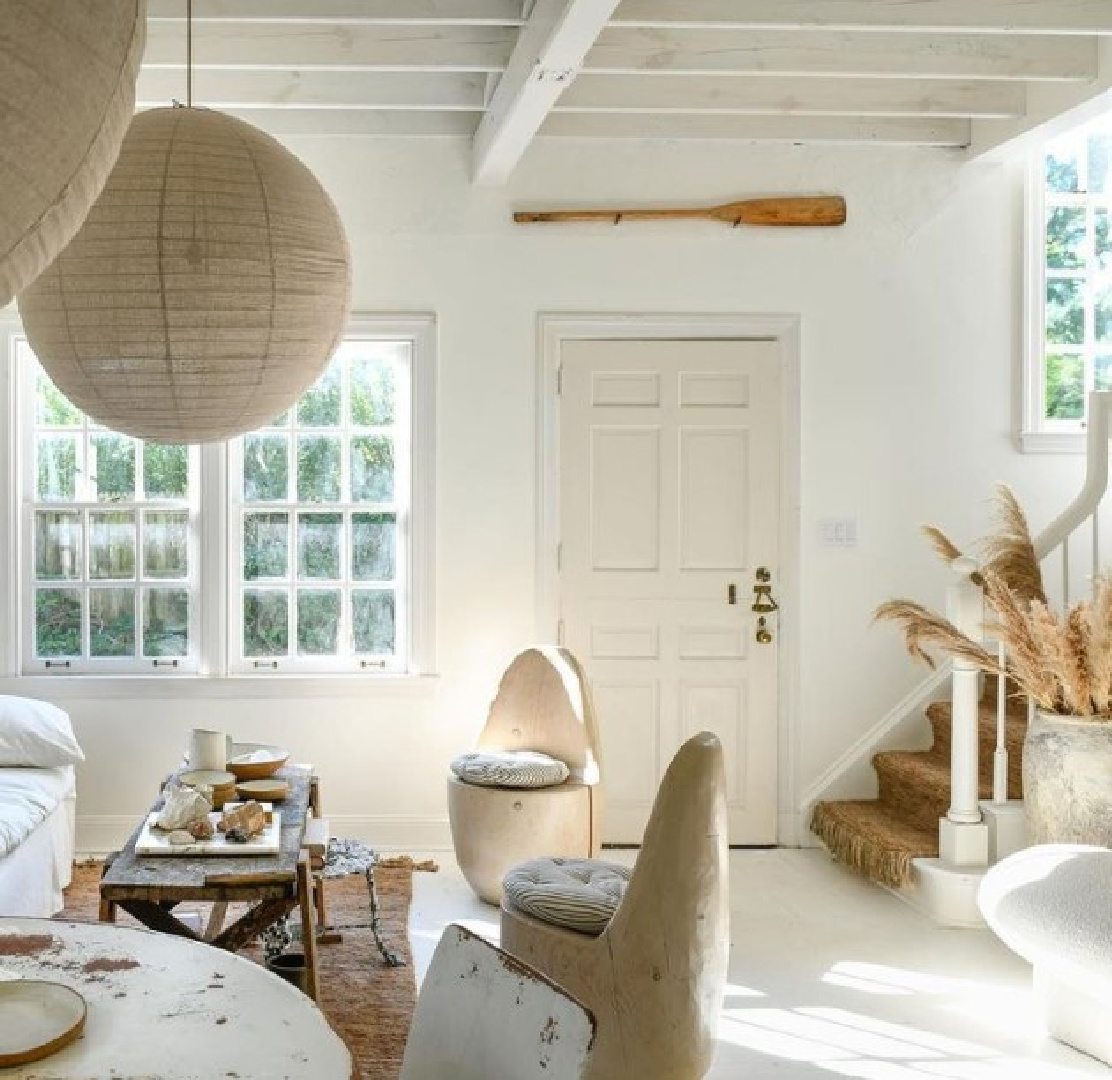 Leanne Ford designed living room in a guest cottage - Domino magazine (Photo: Erin Ash Kelly). #leannford #modernrustic #allwhitedecor