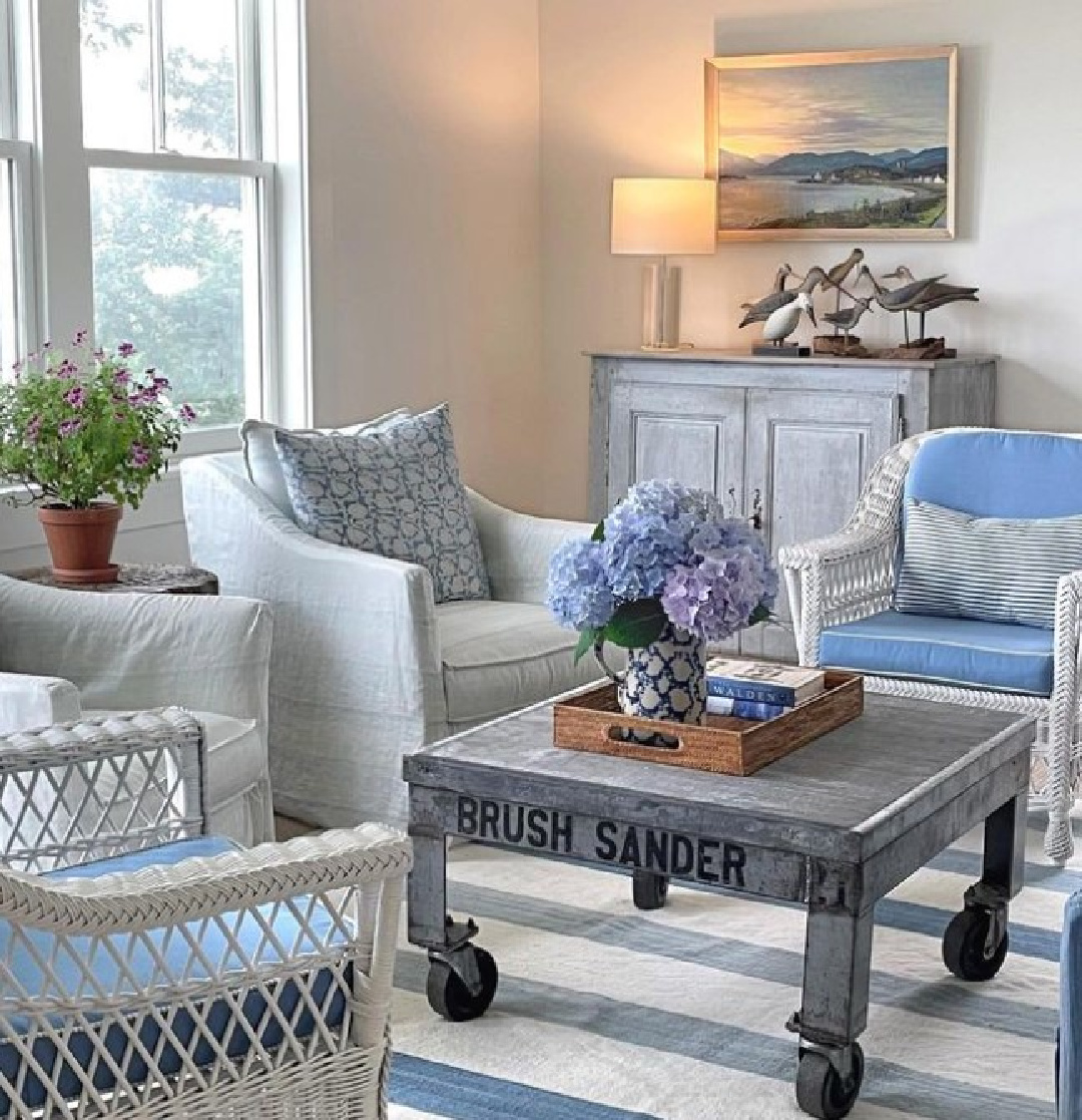 Coastal living room in Maine with stripes, antiques, and hydrangea - @loithai. #coastalstyle #newenglandstyle