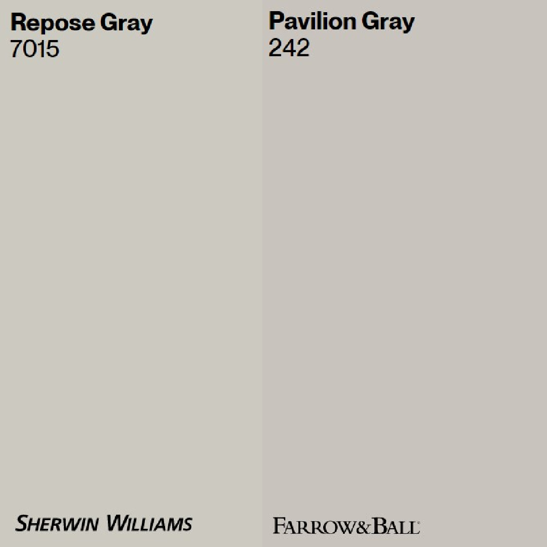 Two similar gray paint colors side by side: Sherwin-Williams Repose Gray and Farrow & Ball Pavilion Gray - Hello Lovely Studio. #reposegray #paviliongray