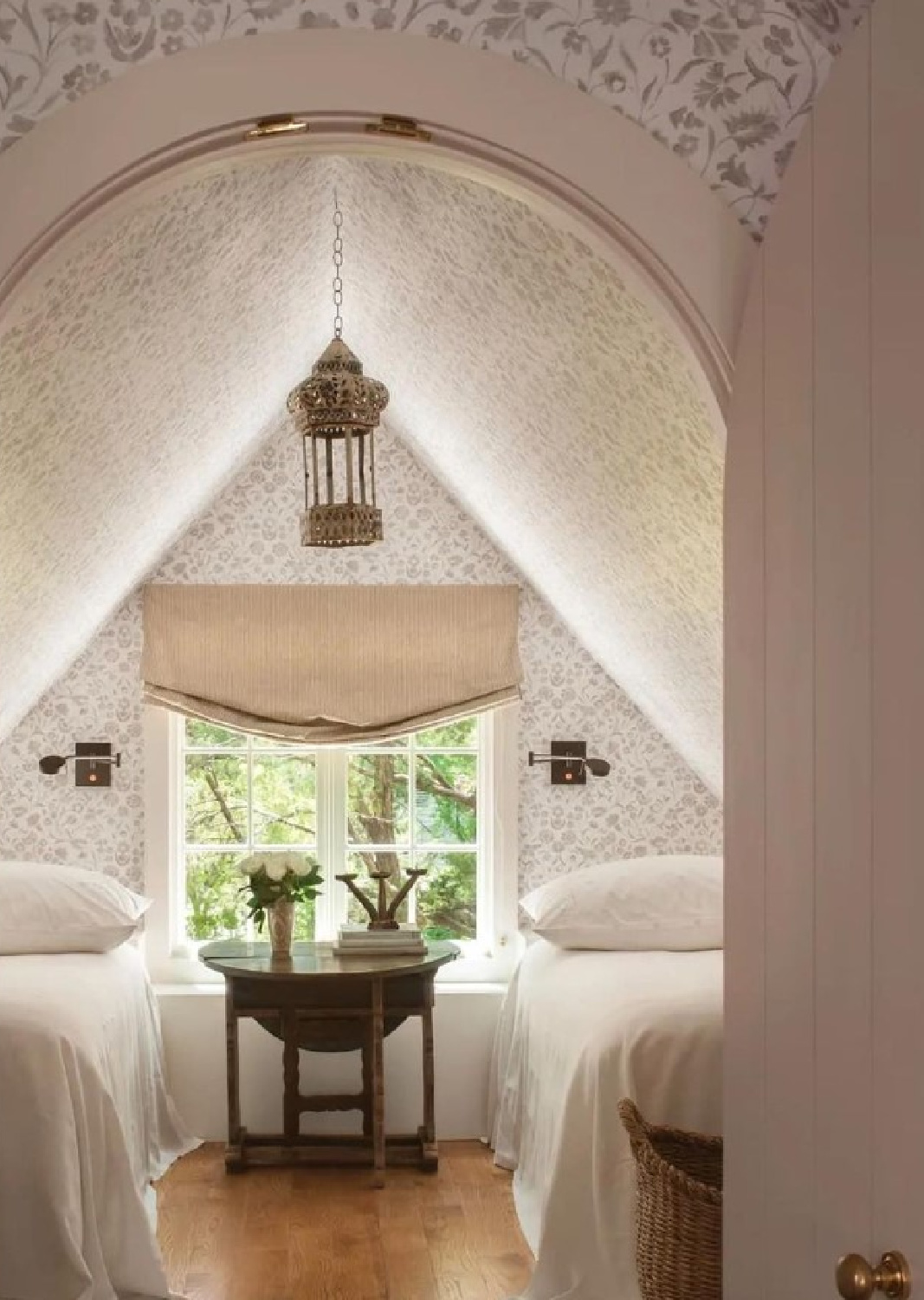 Beautiful timeless attic bedroom with wallpapered ceiling and antique pendant light - Shannon Bowers Design. #timelessbedroom #timelessdesign #romanticbedrooms