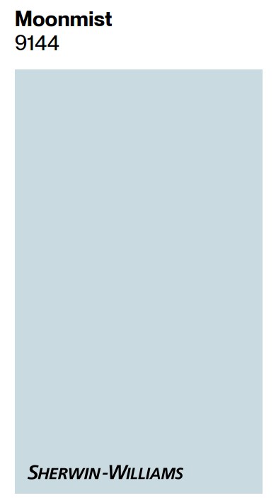 Sherwin-Williams Moonmist paint color swatch. #sherwinwilliamsmoonmist #frenchbluepaintcolors