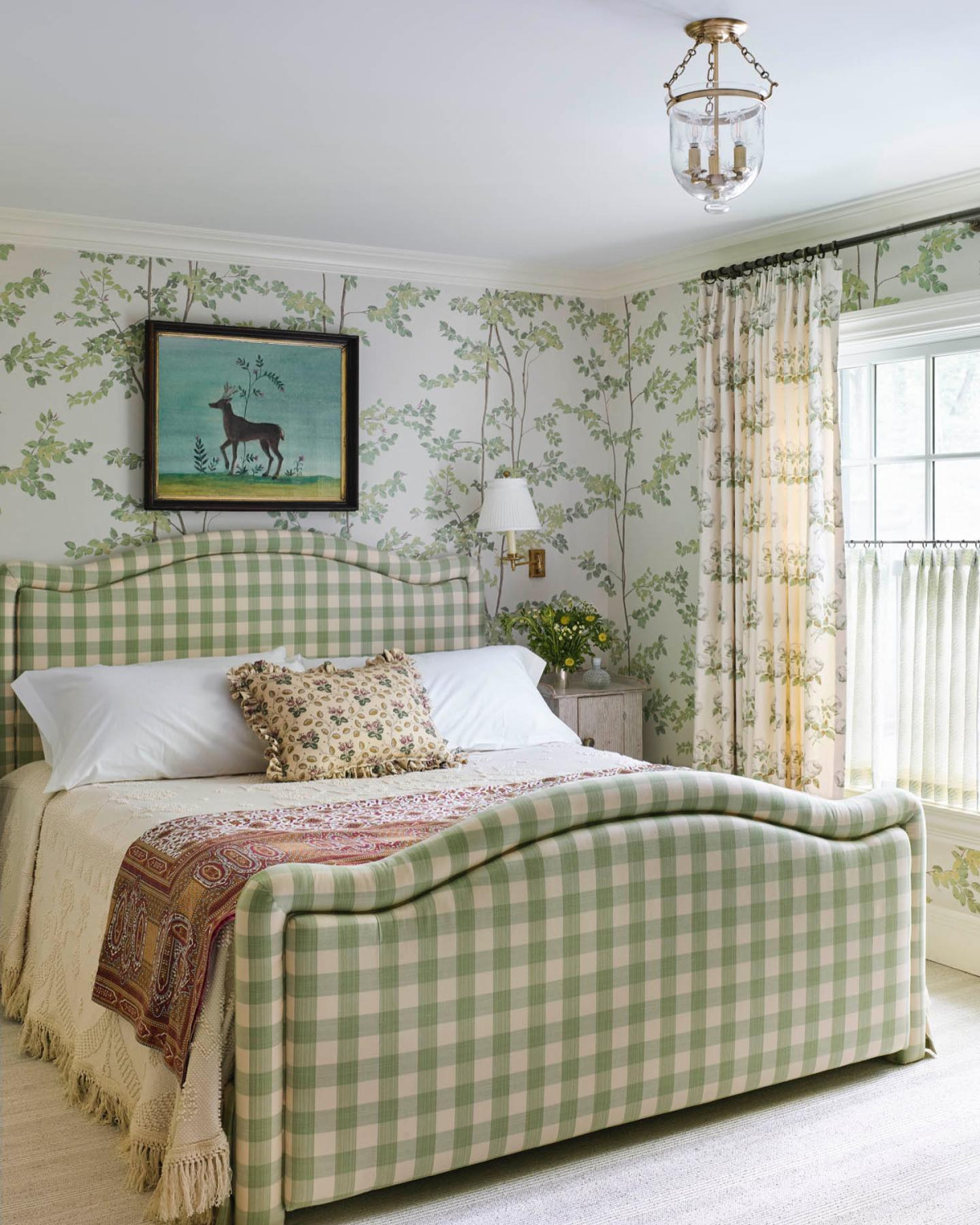 Green checks, upholstered bed, Boxwood wallpaper, and a mix of patterns in a Summer Thornton Design bedroom. #summerthornton