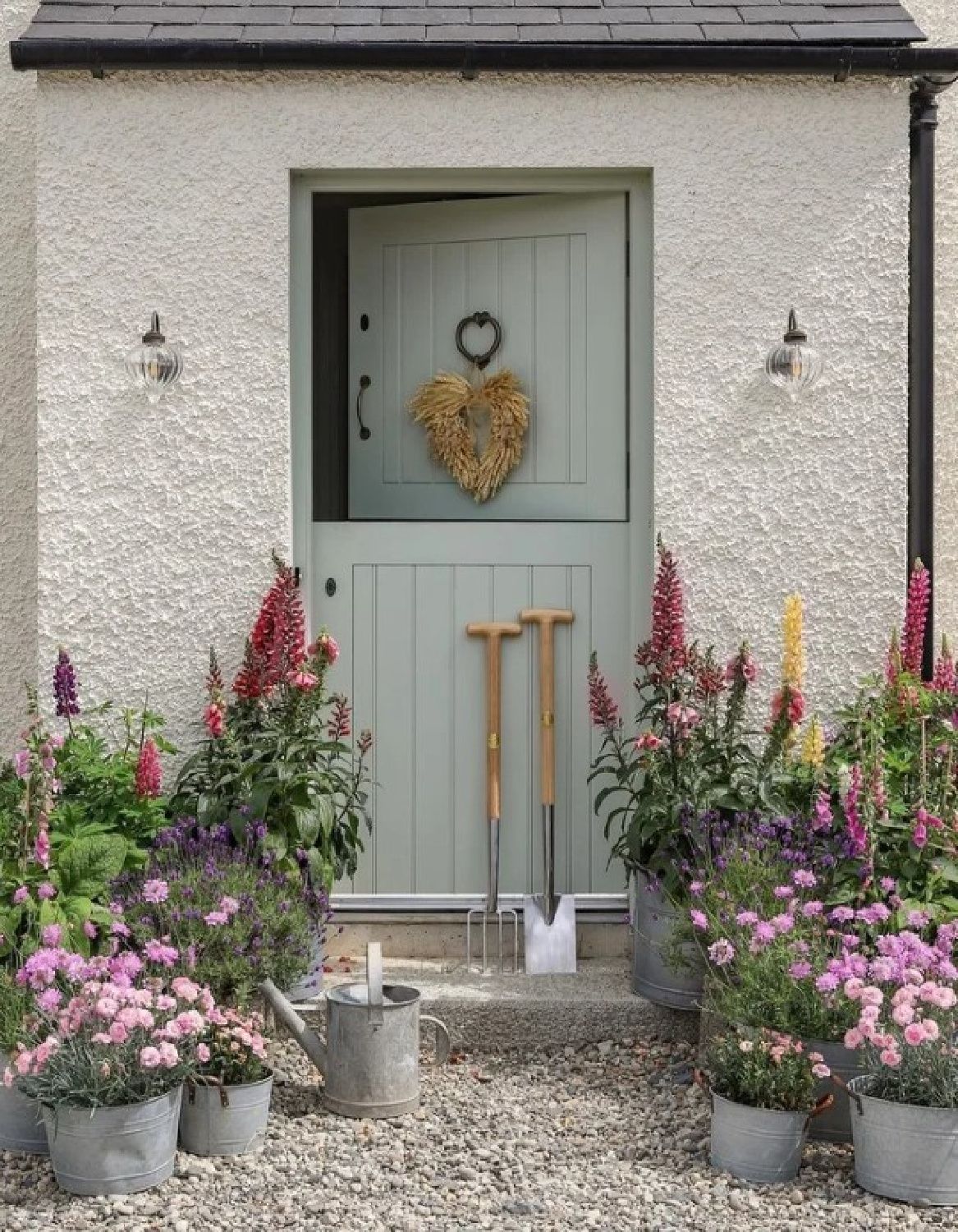 Farrow & Ball Mizzle painted door on a garden shed - @this1870house. #mizzle #farrowandballmizzle