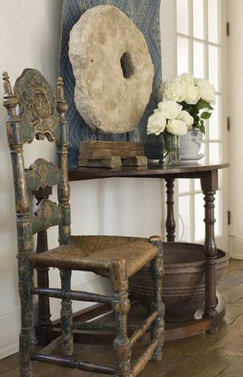 Timeless vignette by Pamela Pierce with European antiques and white roses. #pamelapierce