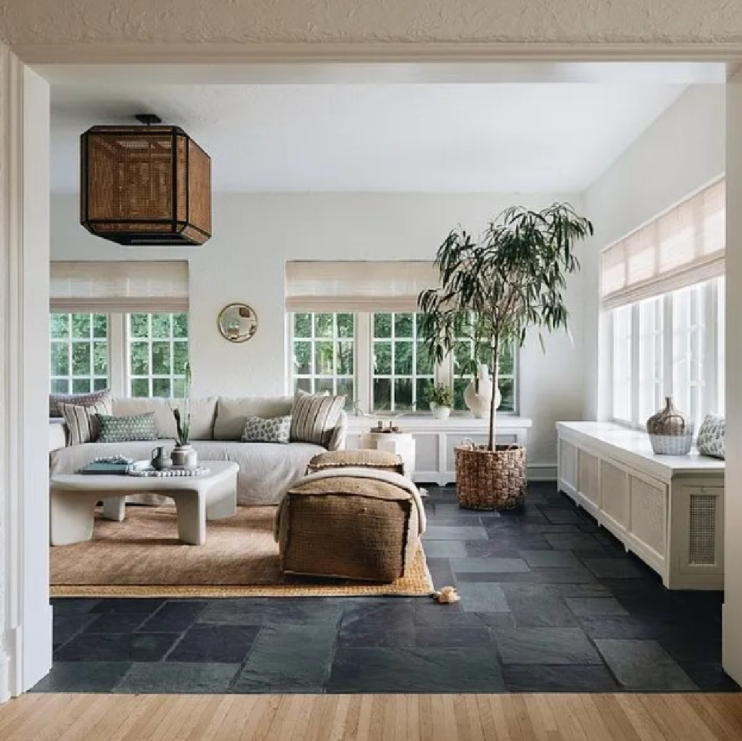 Airy white family room in Kate Marker's 1920 white stucco Barrington Hills, IL Home (160 N. Buckley Rd) with modern, serene, unfussy, timeless interiors. #serenemodern @thedawnmckennagroup #katemarkerhome