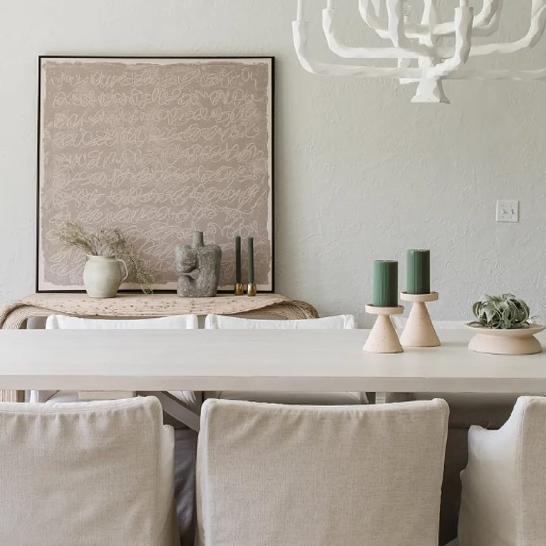 Dining room in BM in Kate Marker's 1920 white stucco Barrington Hills, IL Home (160 N. Buckley Rd) with modern, serene, unfussy, timeless interiors. #modernrustic @thedawnmckennagroup #katemarkerhome