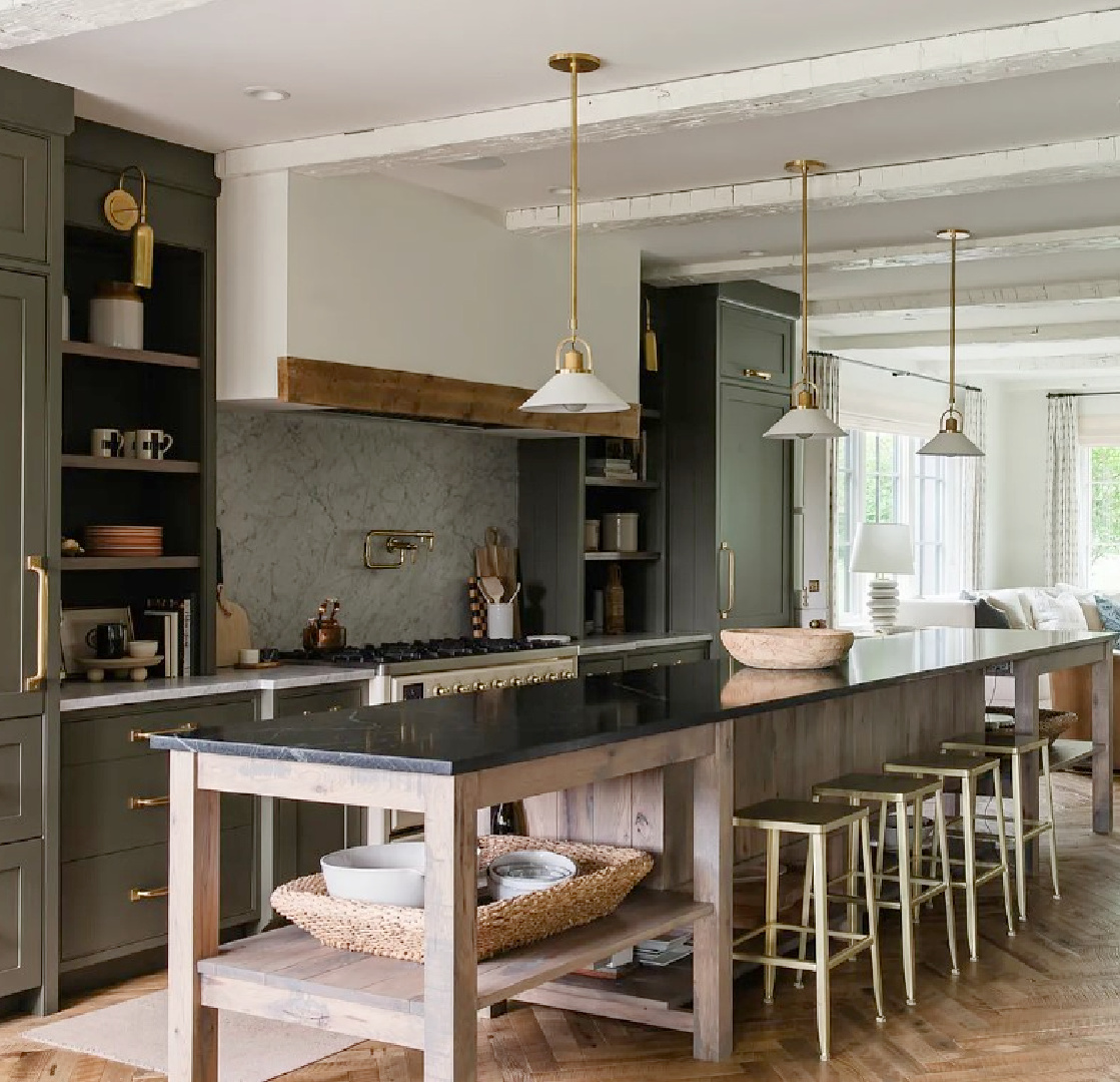 BM Dark Olive kitchen cabinets in Kate Marker's 1920 white stucco Barrington Hills, IL Home (160 N. Buckley Rd) with modern, serene, unfussy, timeless interiors. #bmdarkolive @thedawnmckennagroup #katemarkerhome