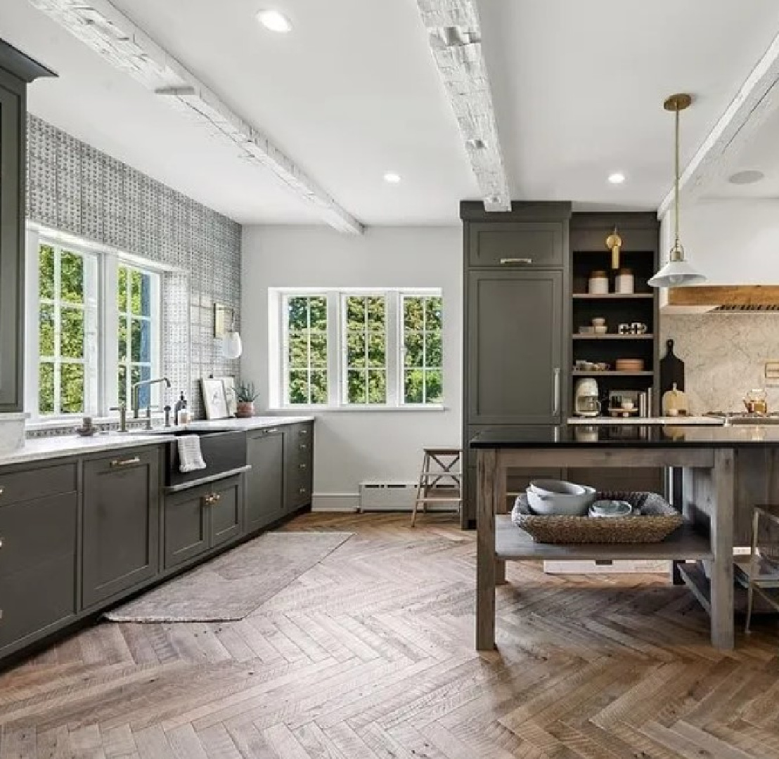 BM Dark Olive kitchen cabinets in Kate Marker's 1920 white stucco Barrington Hills, IL Home (160 N. Buckley Rd) with modern, serene, unfussy, timeless interiors. #bmdarkolive @thedawnmckennagroup #katemarkerhome