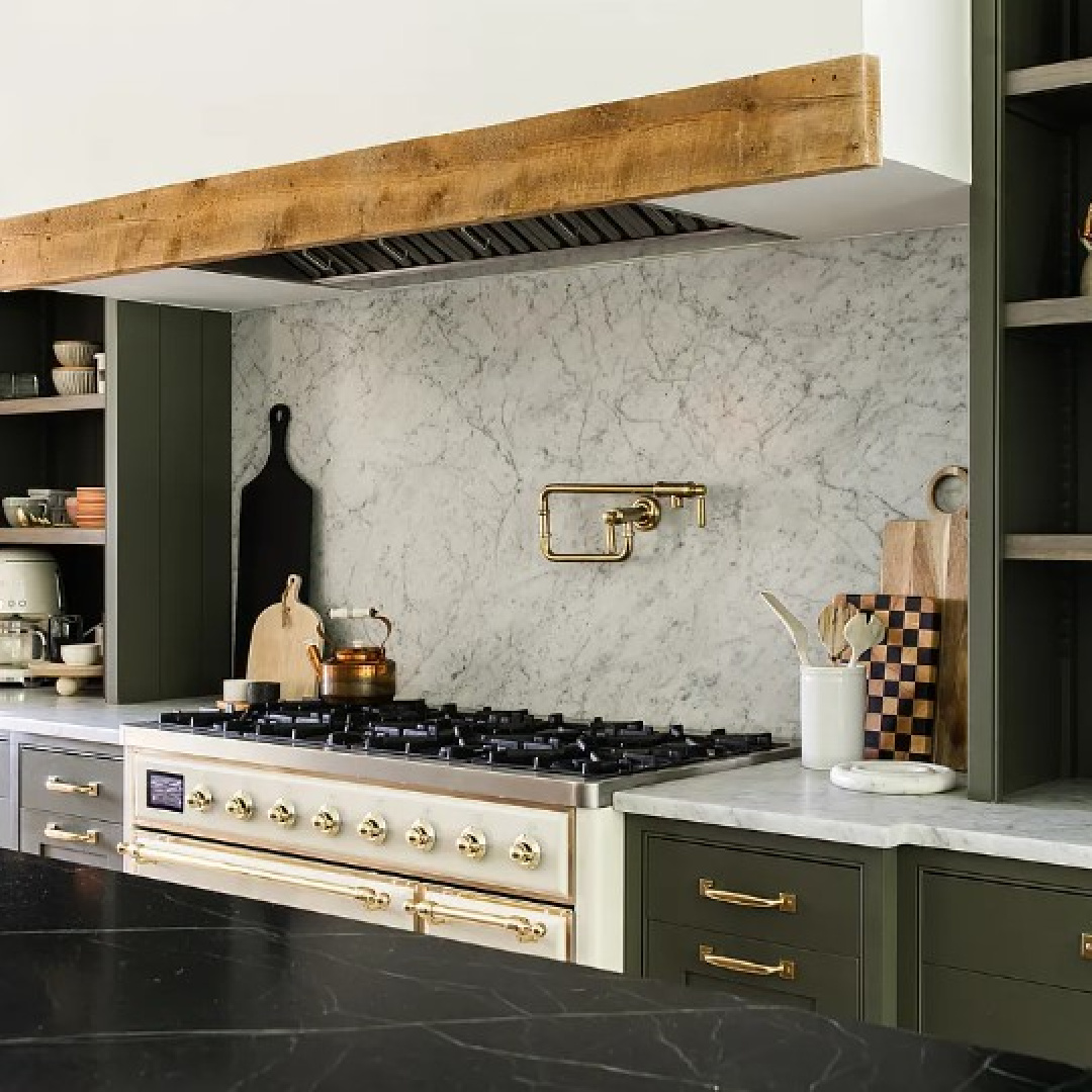 BM Dark Olive kitchen cabinets in Kate Marker's 1920 white stucco Barrington Hills, IL Home (160 N. Buckley Rd) with modern, serene, unfussy, timeless interiors. #bmdarkolive @thedawnmckennagroup #katemarkerhome