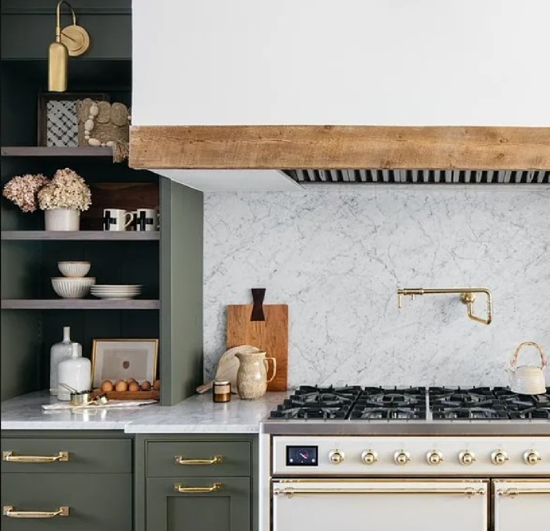 BM Dark Olive kitchen cabinets in Kate Marker's 1920 white stucco Barrington Hills, IL Home (160 N. Buckley Rd) with modern, serene, unfussy, timeless interiors. #bmdarkolive @thedawnmckennagroup #katemarkerhome