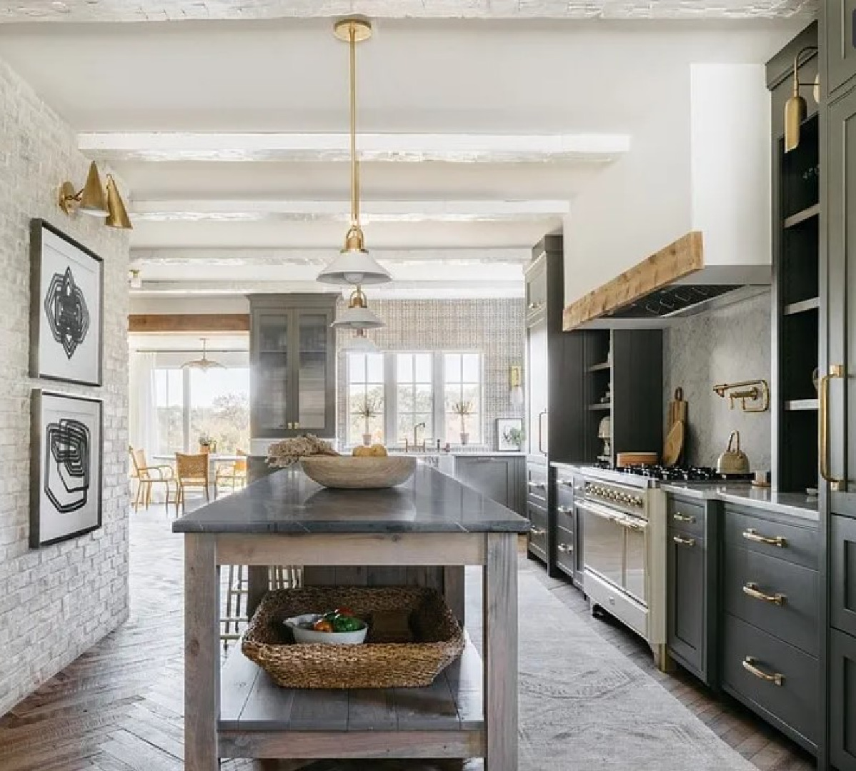 BM Dark Olive kitchen cabinets in Kate Marker's 1920 white stucco Barrington Hills, IL Home (160 N. Buckley Rd) with modern, serene, unfussy, timeless interiors. #bmdarkolive @thedawnmckennagroup #katemarkerhome