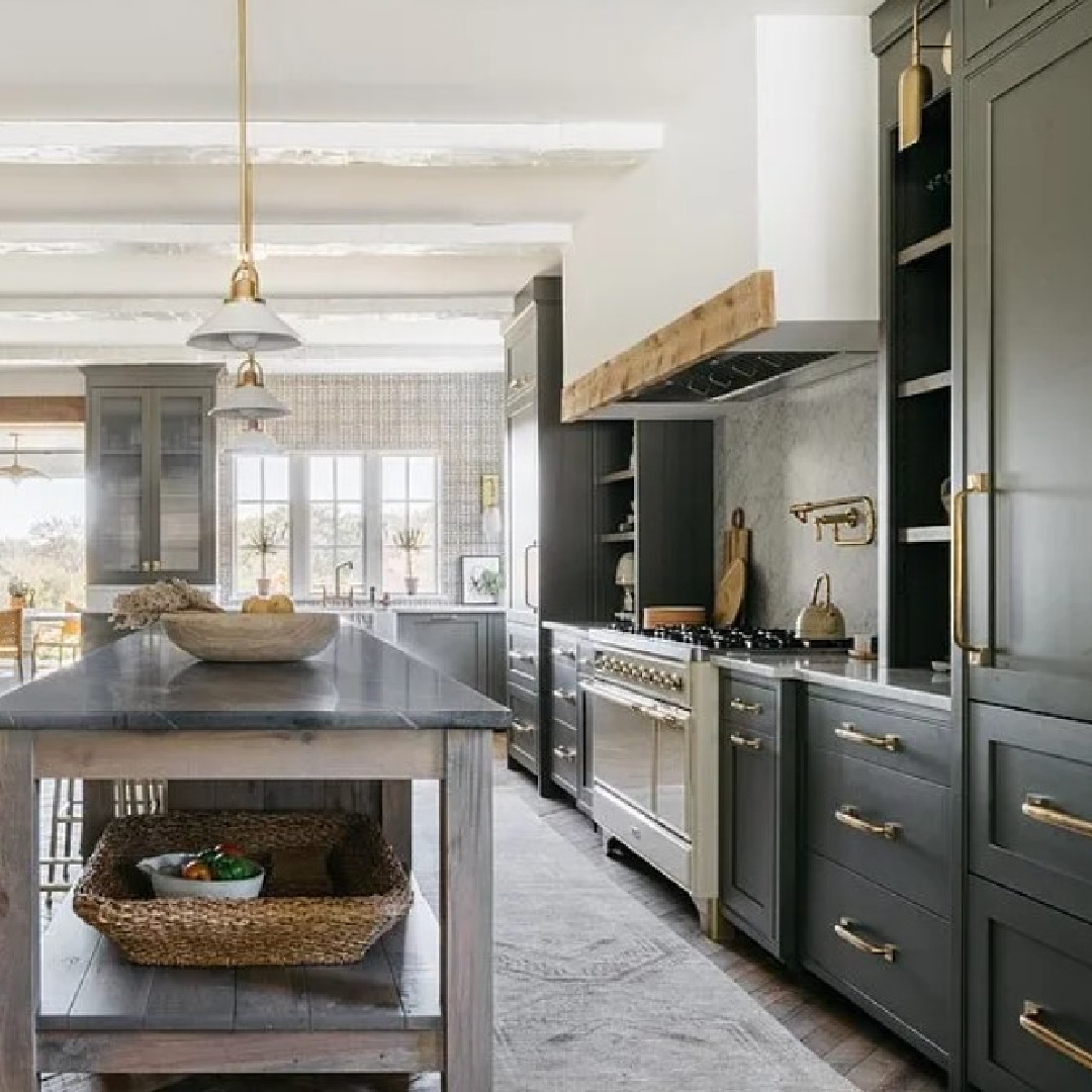 BM Dark Olive kitchen cabinets in Kate Marker's 1920 white stucco Barrington Hills, IL Home (160 N. Buckley Rd) with modern, serene, unfussy, timeless interiors. #bmdarkolive @thedawnmckennagroup #katemarkerhome