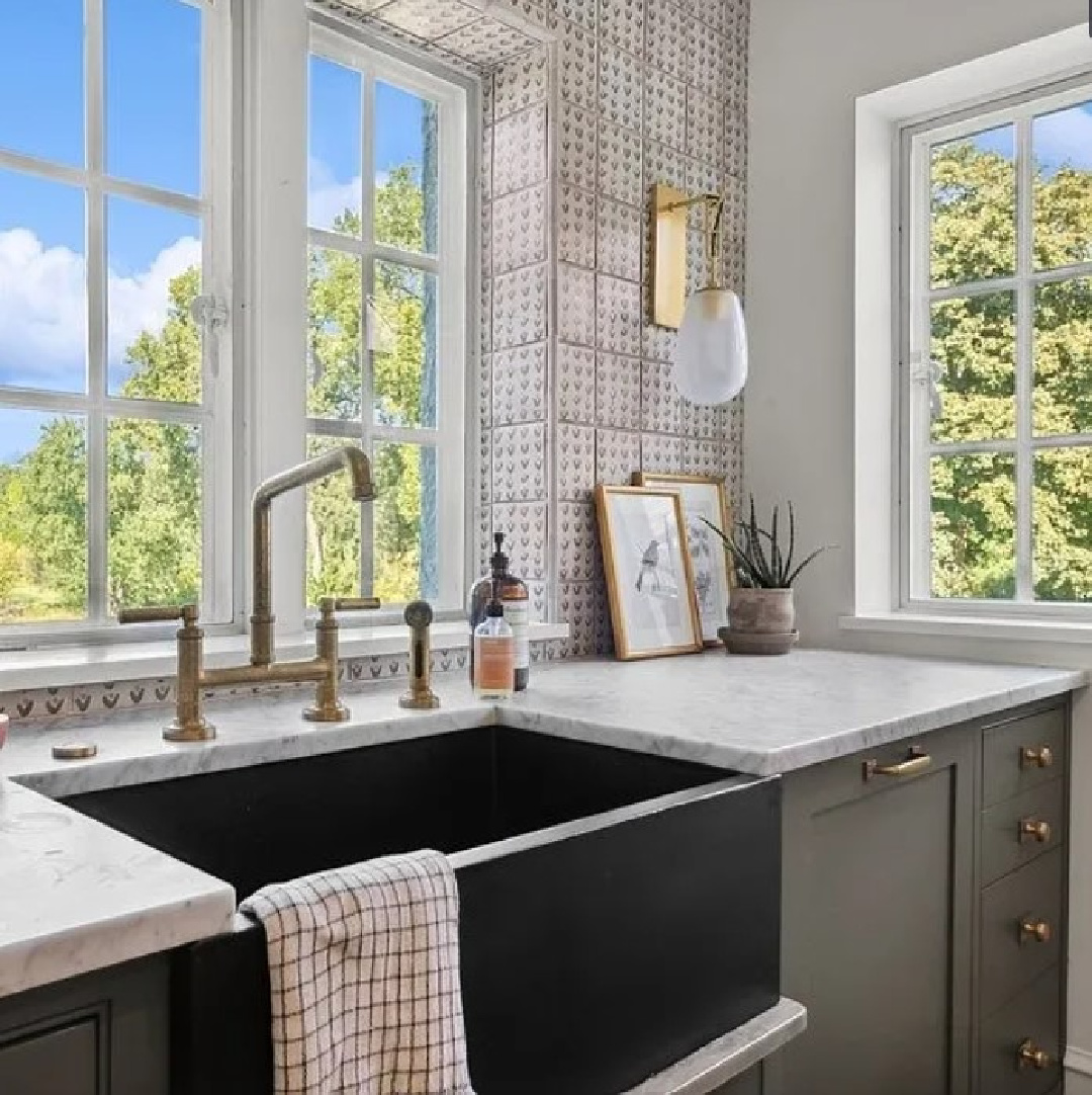 Unlacquered brass kitchen faucet and BM Dark Olive on cabinetry in Kate Marker's 1920 white stucco Barrington Hills, IL Home (160 N. Buckley Rd) with modern, serene, unfussy, timeless interiors. #katemarkerinteriors @thedawnmckennagroup #katemarkerhome