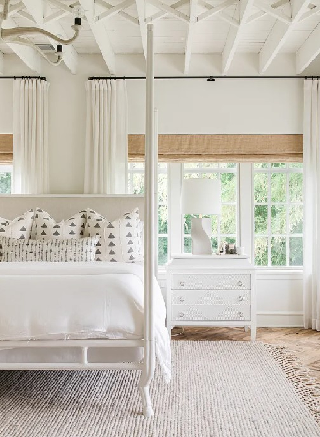 White bedroom in Kate Marker's 1920 white stucco Barrington Hills, IL Home (160 N. Buckley Rd) with modern, serene, unfussy, timeless interiors. #katemarkerinteriors @thedawnmckennagroup #katemarkerhome