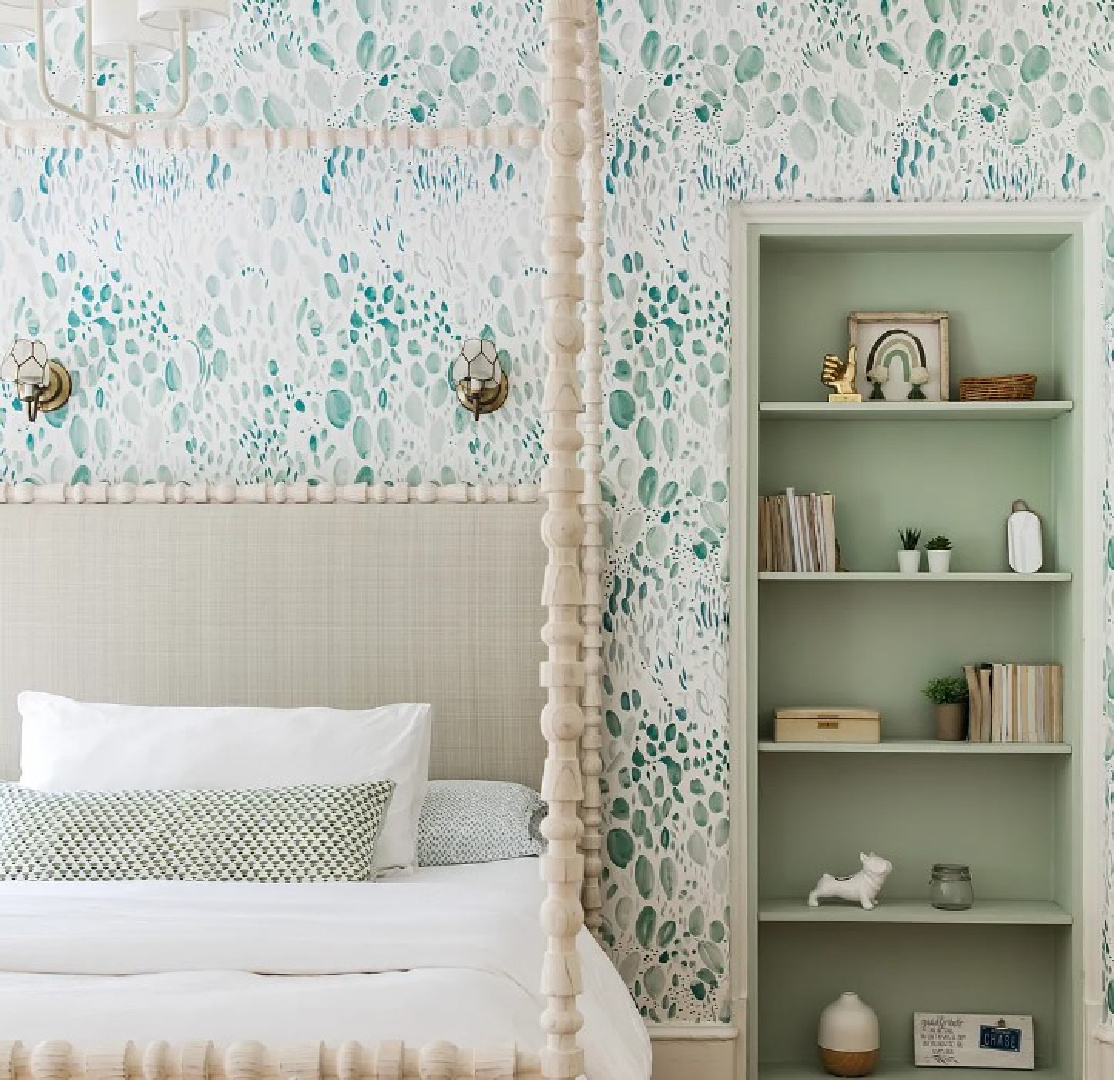 Green wallpaper and canopy bed in Kate Marker's 1920 white stucco Barrington Hills Home (160 N. Buckley Rd) with modern, serene, unfussy, timeless interiors. #katemarkerinteriors @thedawnmckennagroup #katemarkerhome