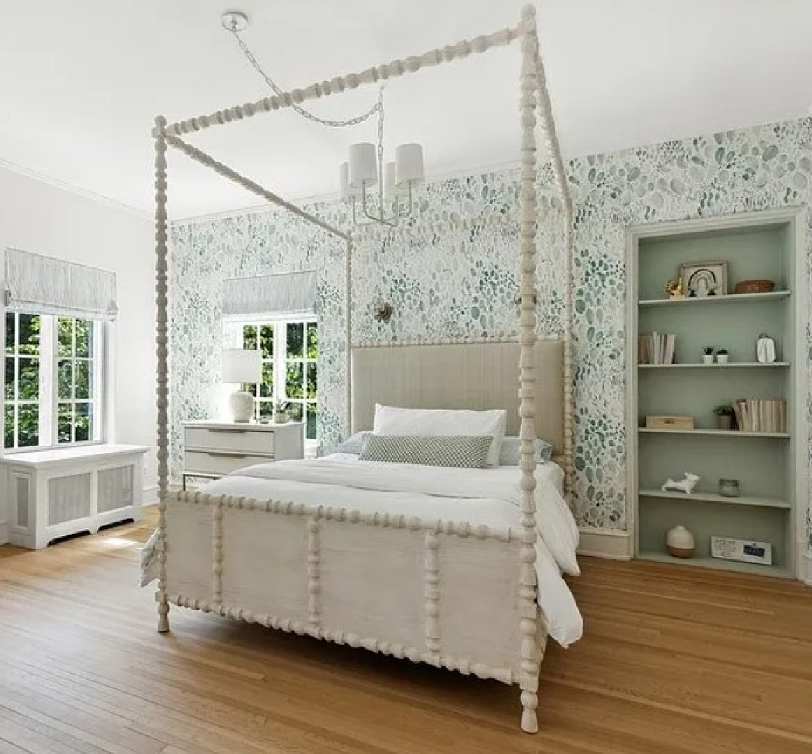 Green wallpapered bedroom in Kate Marker's 1920 white stucco Barrington Hills Home (160 N. Buckley Rd) with modern, serene, unfussy, timeless interiors. #katemarkerinteriors @thedawnmckennagroup #katemarkerhome