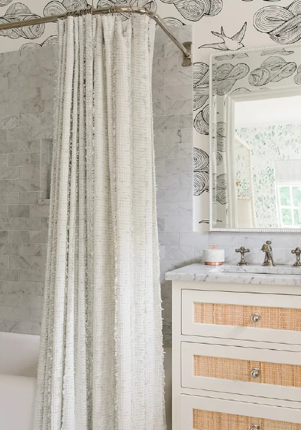 Marble bath in Kate Marker's 1920 white stucco Barrington Hills Home (160 N. Buckley Rd) with modern, serene, unfussy, timeless interiors. #katemarkerinteriors @thedawnmckennagroup #katemarkerhome