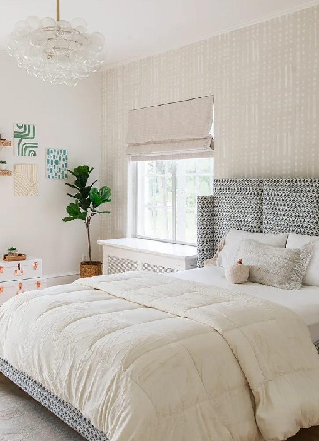 White bedroom in Kate Marker's 1920 white stucco Barrington Hills Home (160 N. Buckley Rd) with modern, serene, unfussy, timeless interiors. #katemarkerinteriors @thedawnmckennagroup #katemarkerhome