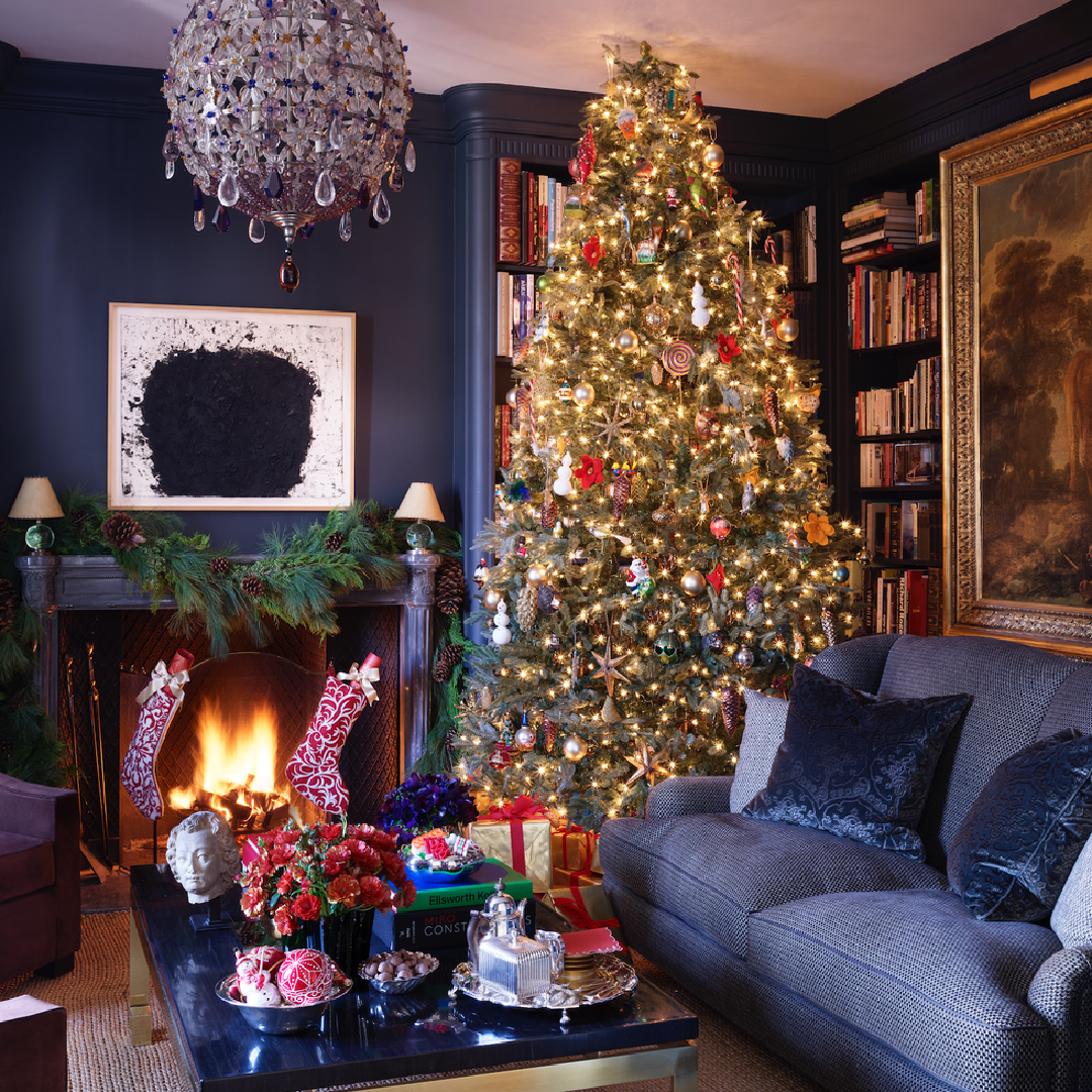 Aerin Lauder's blue living room decorated for Christmas holidays - Veranda magazine. #holidaydecorating #christmasdecor