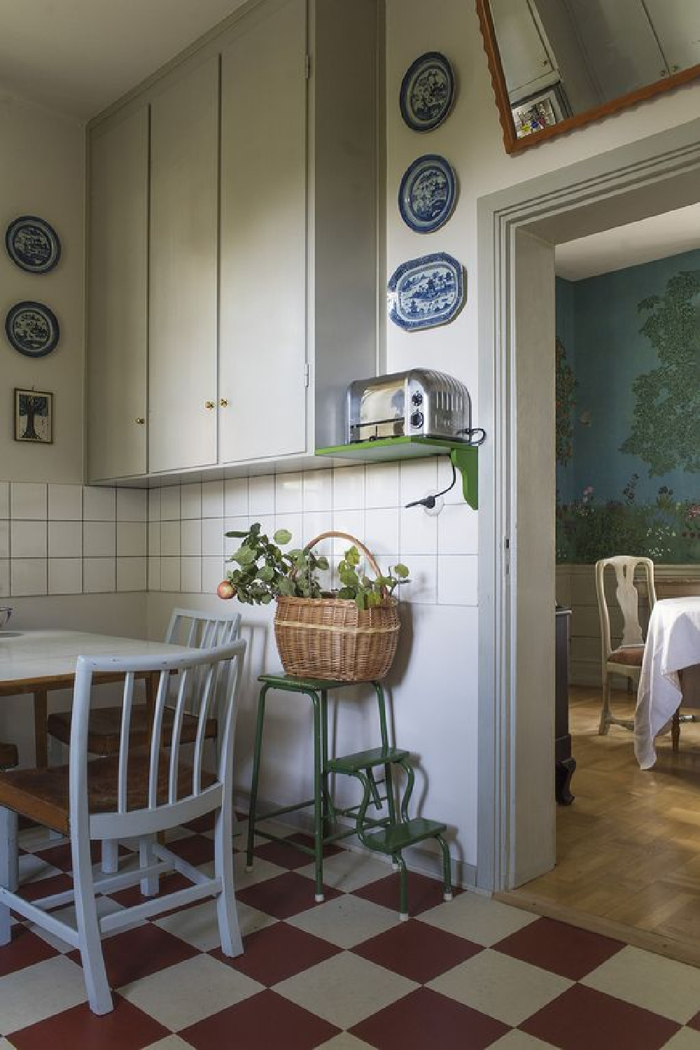 Beata Heuman's own Swedish farmhouse kitchen with checkered floor.