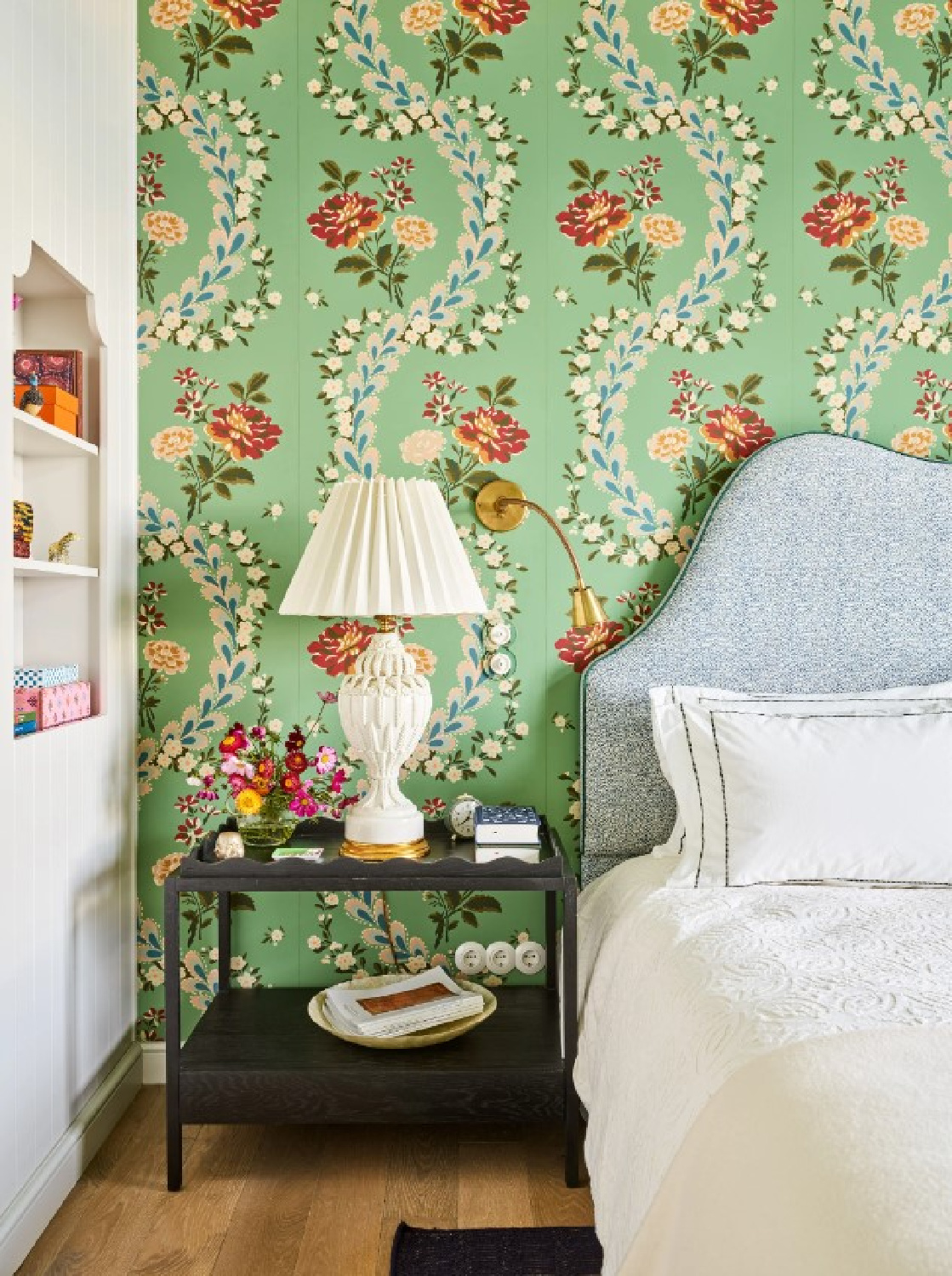 Green floral wallpapered bedroom - Beata Heuman; photo by Robert Reiger.