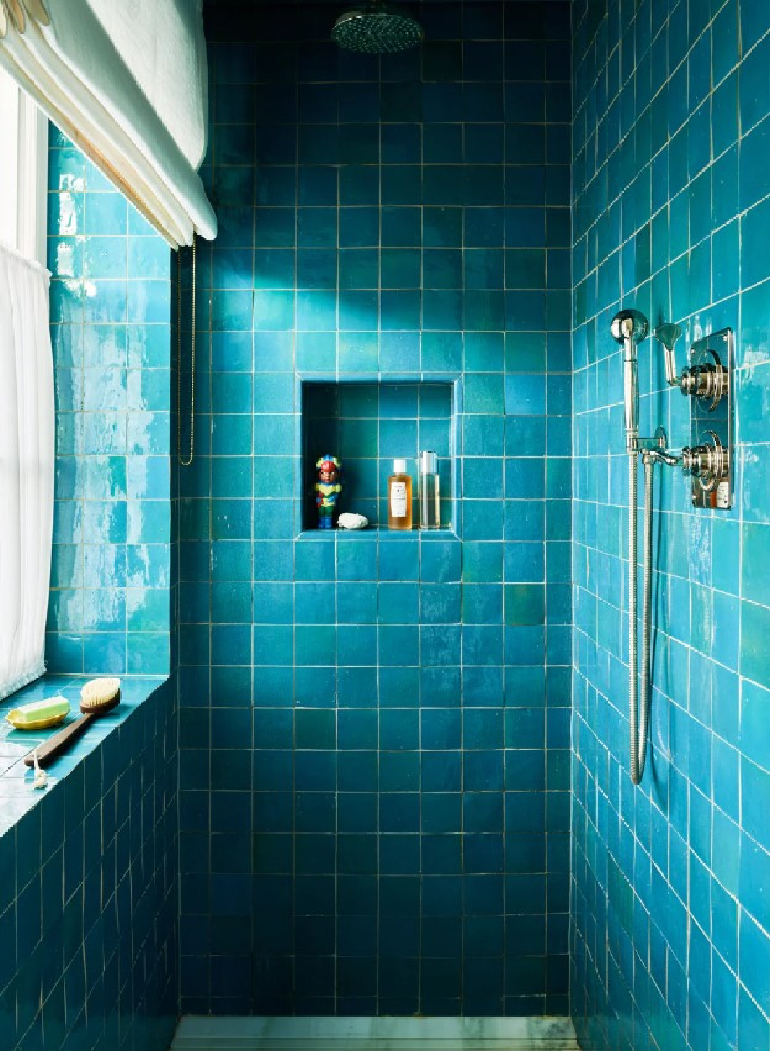 Bold teal handmade tiled shower - Beata Heuman; photo by Robert Reiger.