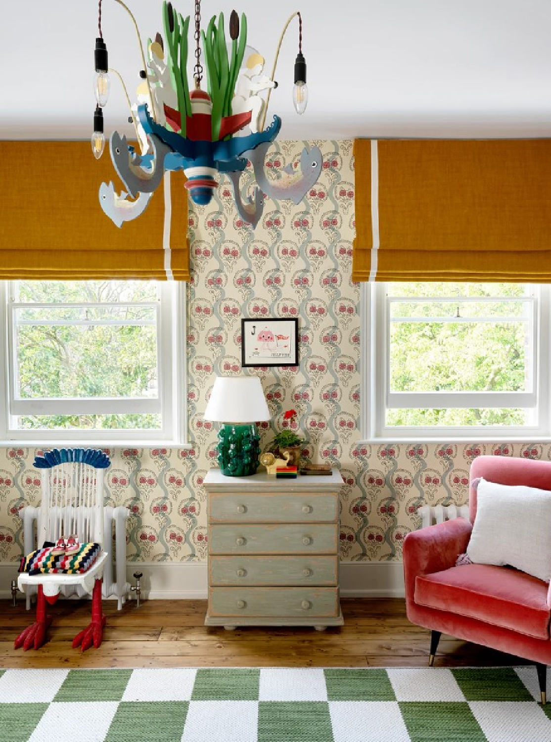 Green checkered floors in a space designed by Beata Heuman - photo by Simon Brown.