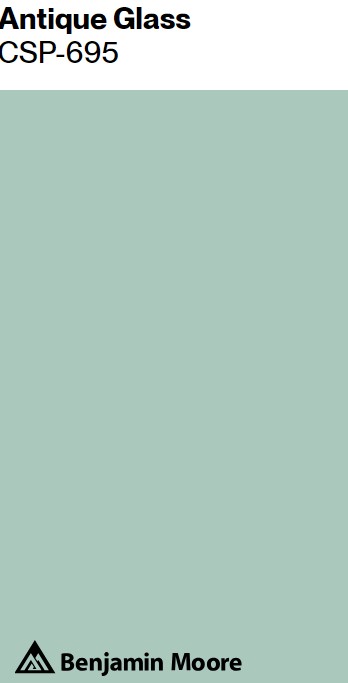 Benjamin Moore Antique Glass paint color swatch. #lightgreenpaintcolors #retrogreen #lightFrenchgreen