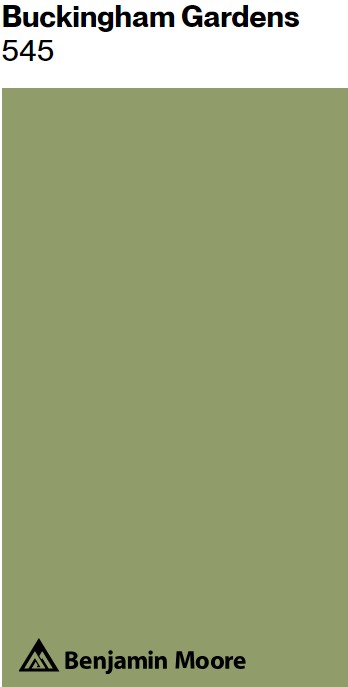 Benjamin Moore Buckingham Gardens paint color swatch. #bmbuckinghamgardens #greenpaintcolors