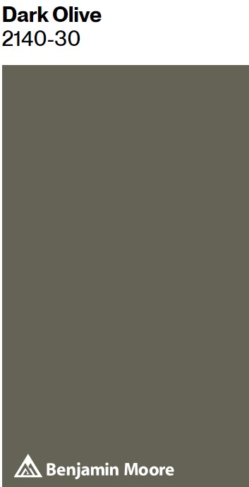 Benjamin Moore Dark Olive paint color swatch. #bmdarkolive #darkgreenpaintcolors