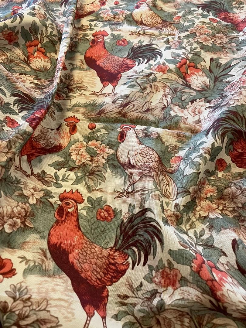 Custom French country Toile fabric with chickens, red, green, and cream (created from an AI generated pattern). Hello Lovely Studio. #toilefabric #customfrenchtoile