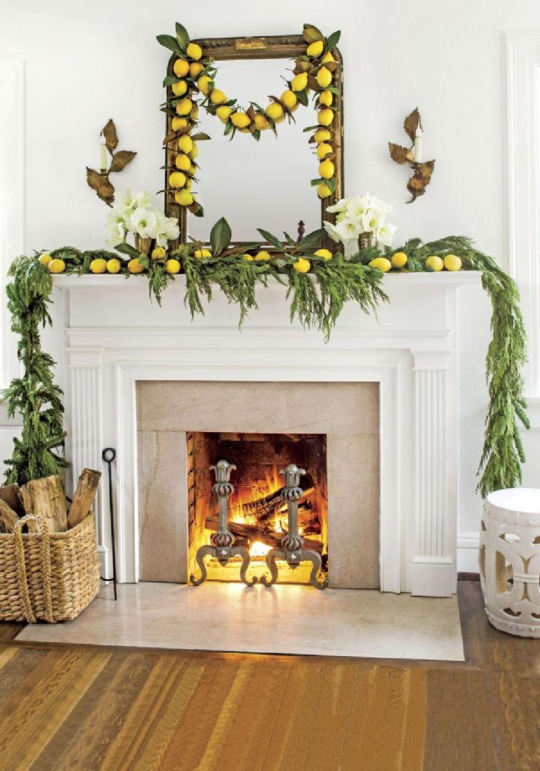 Heather Chadduck Hillegas & Buff Harget Miller - photo: Laurey Glenn. #holidaygarland #holidayfireplace