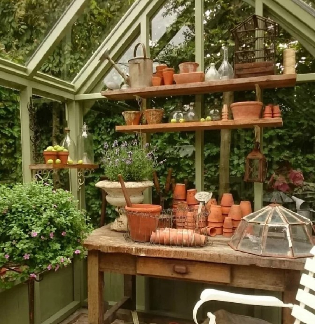Farrow & Ball Lichen on the interior fo a beautiful greenhouse or garden shed - @country.chique. #lichen #greenpaintcolors