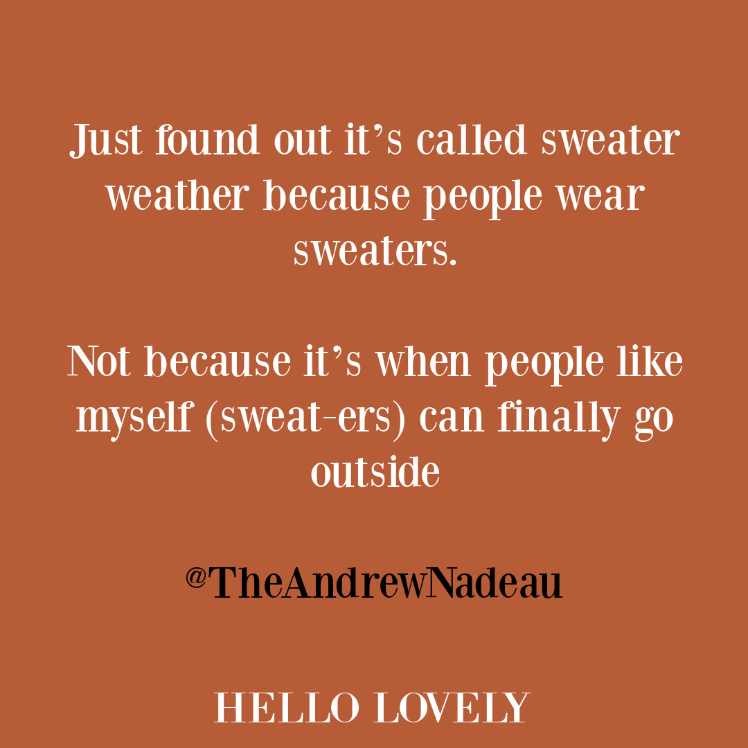 Ridiculous funny fall quote humor tweet about sweater weather - @theanderewnadeau - Hello Lovely Studio. #sweaterweather #fallhumor #sillytweets