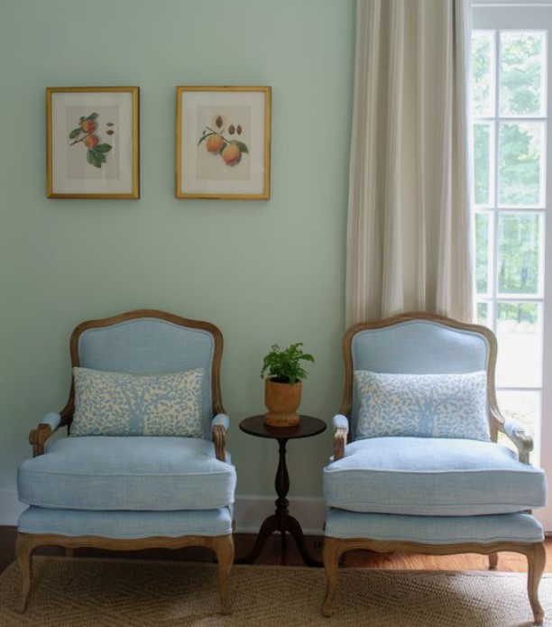 PPG Malted Mint paint color in a lovely French inspired space - @emilycbutler. #ppgmaltedmint #mintpaintcolor