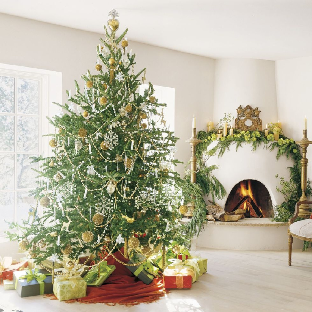 Peter Vitale designed Santa Fe holiday interior with tree and heart ex votos - Veranda. #holidaydecor