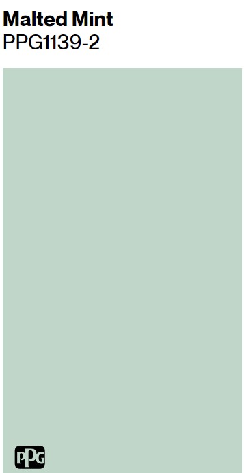 PPG Malted Mint paint color swatch. #mintgreenpaintcolors #lightfrenchgreen #maltedmint