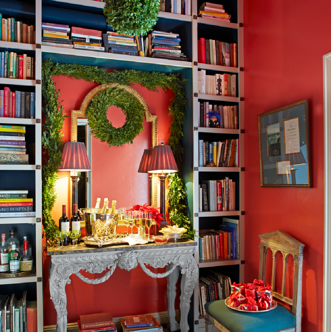 Richard Keith Langham holiday decorated space with BM Bird of Paradise walls and Oasis Blue trim - Veranda (Max Kim-Bee). #holidaydecor