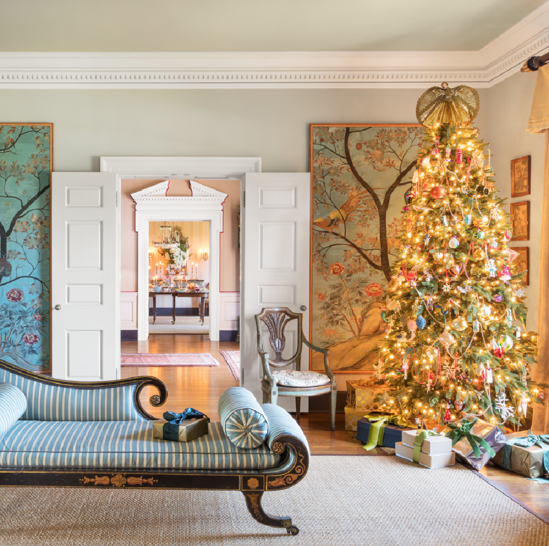 Suzanne Rheinstein designed holiday decor in space with Chinese wallpaper in Veranda (Lisa Romerein).