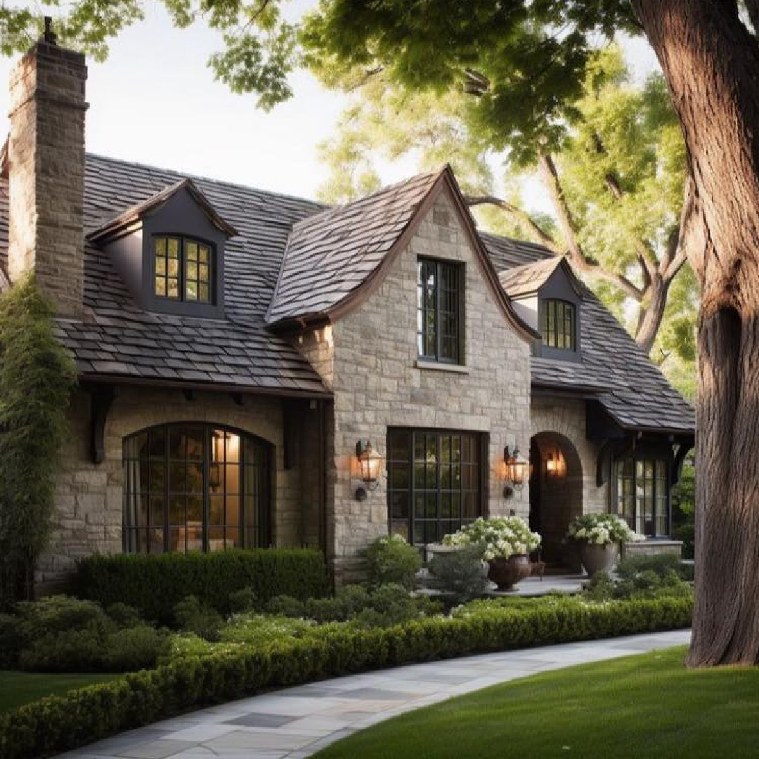 Old World architecture for this stone cottage exterior with dormers and arched entrance - AI design via @caldwellandcastello. #tudorarchitecture #stonecottages #housedesign