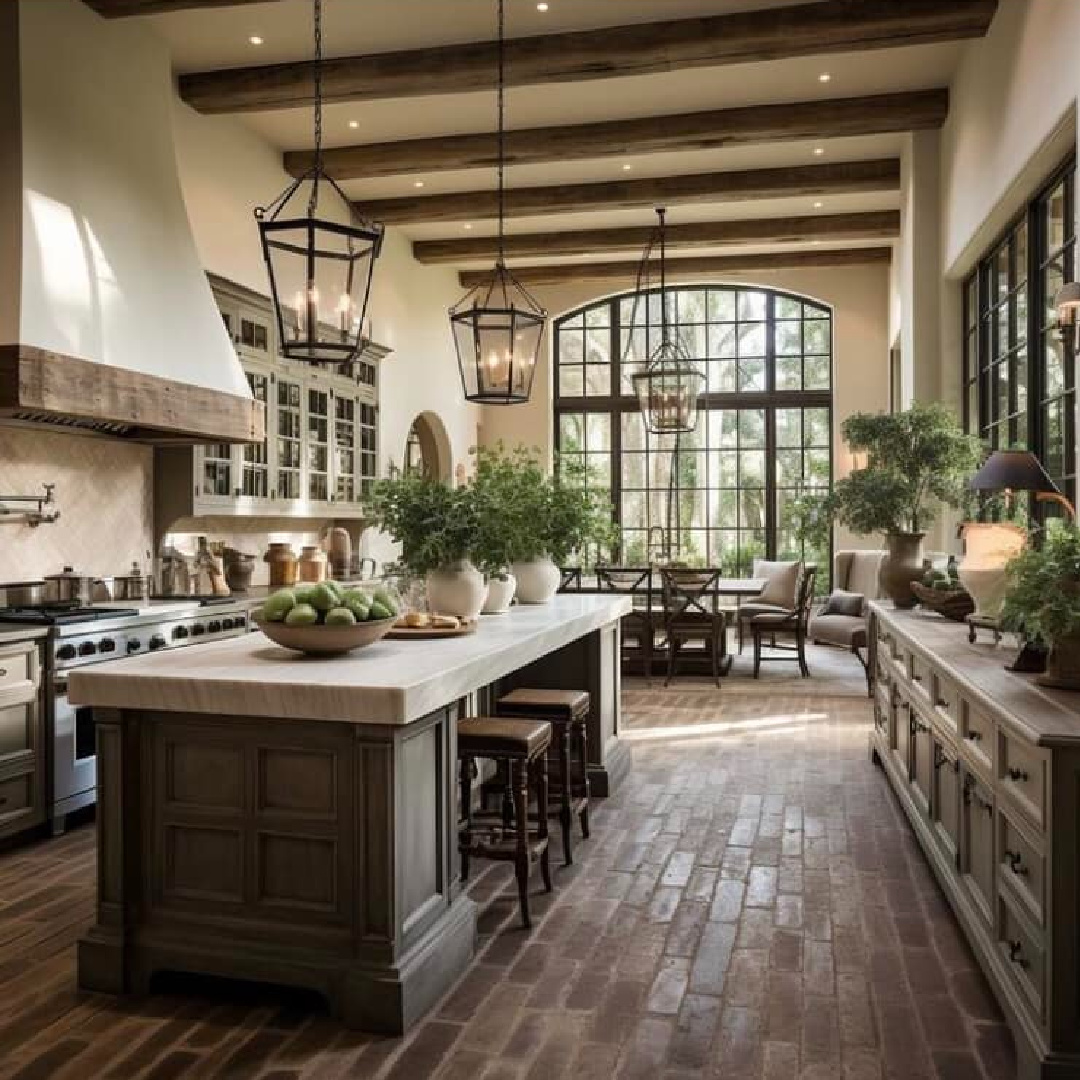 Rustic dream kitchen with brick flooring, beams, and architectural magnificence. AI Design rendering via @caldwellandcastello. #aidesign #rustickitchens #oldworldkitchen #brickfloor