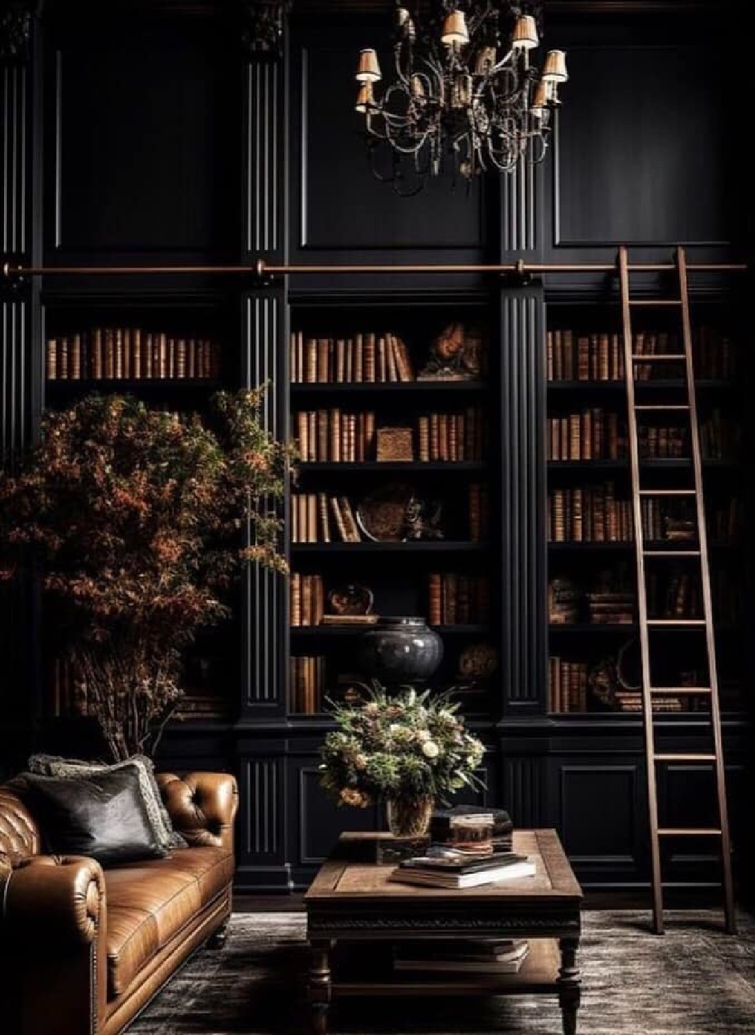 Magnificent library with builtins painted black - moody decor and leather tufted sofa - AI design via @chateauderon. #librarybuiltins #blackcabinets