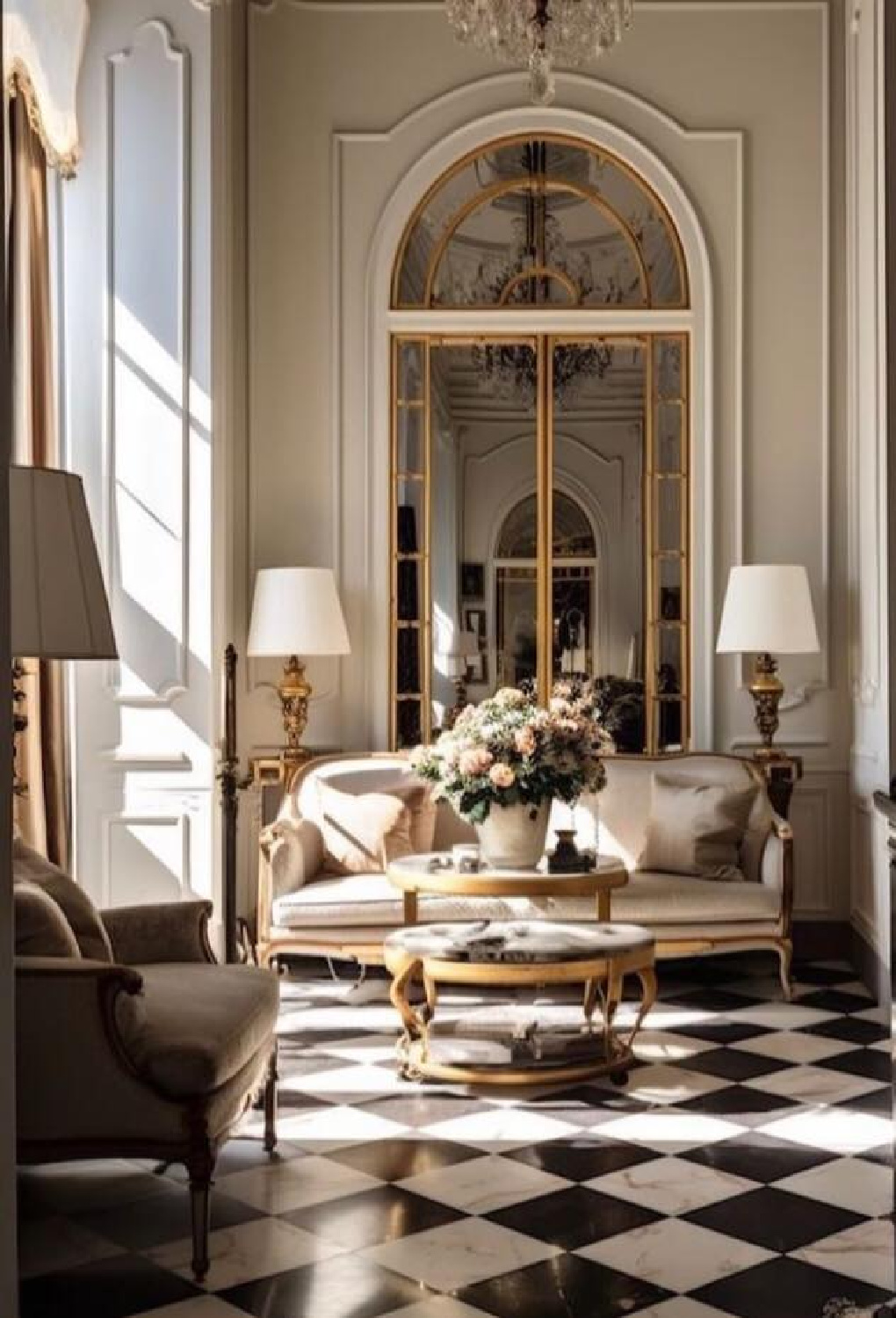 Elegant living room with checkered marble floor and European style design - via @chateauderon (AI design). #checkeredfloors #timelessdesign