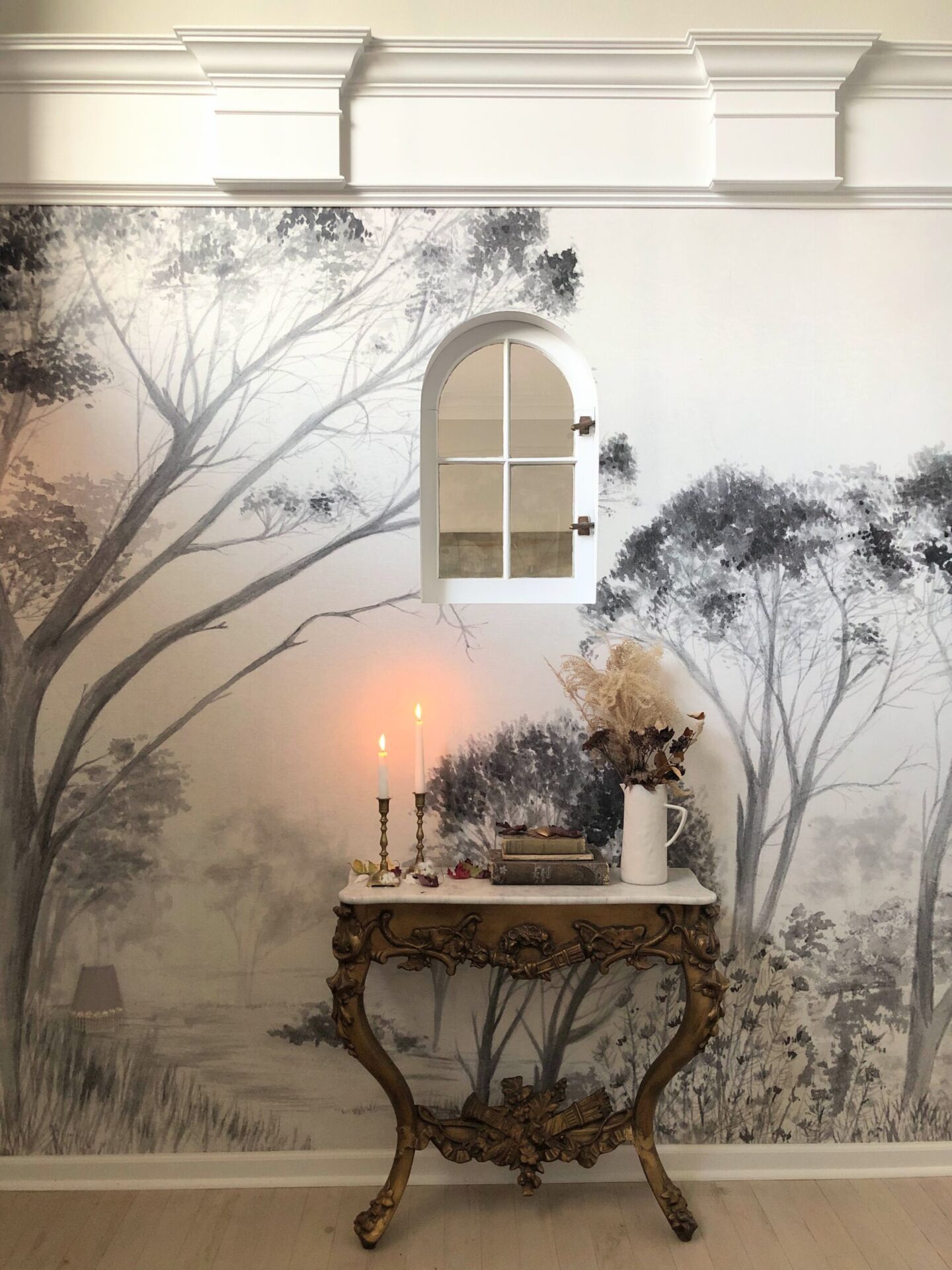 Fall foraged arrangement in the entry at the Georgian with scenic tree mural - Hello Lovely Studio. #falldecor