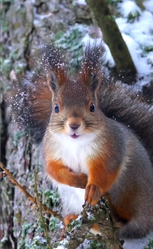 Winter squirrel in tree with snow - Soosseli Wildlife Photography. #squirrellover #winterwonderland #woodlandcreatures