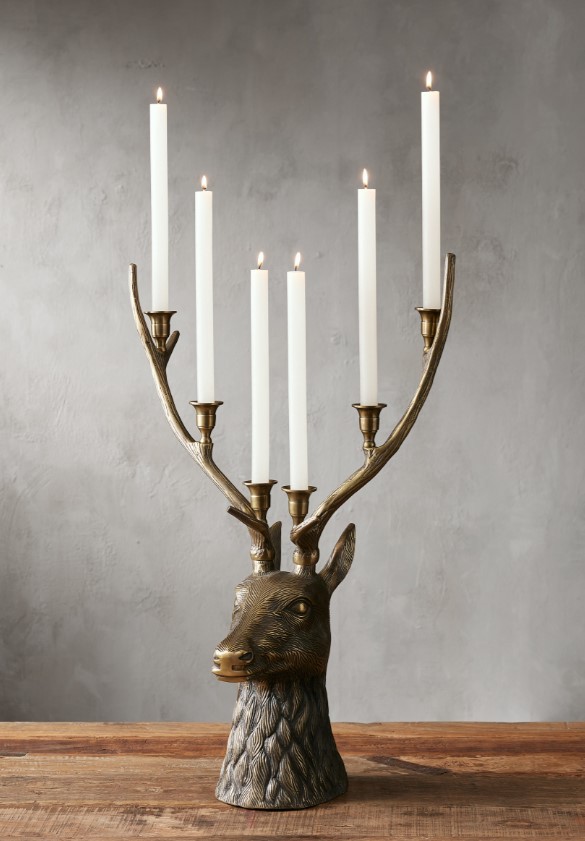 Brass Stag Deer Candleholder, Arhaus. #holidaydecor #hoildaydeer #brasscandleholder